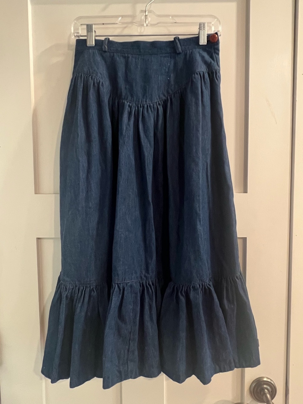 Vintage BIS BIS - Denim Midi Skirt with Ruffle Hem in Dark Blue